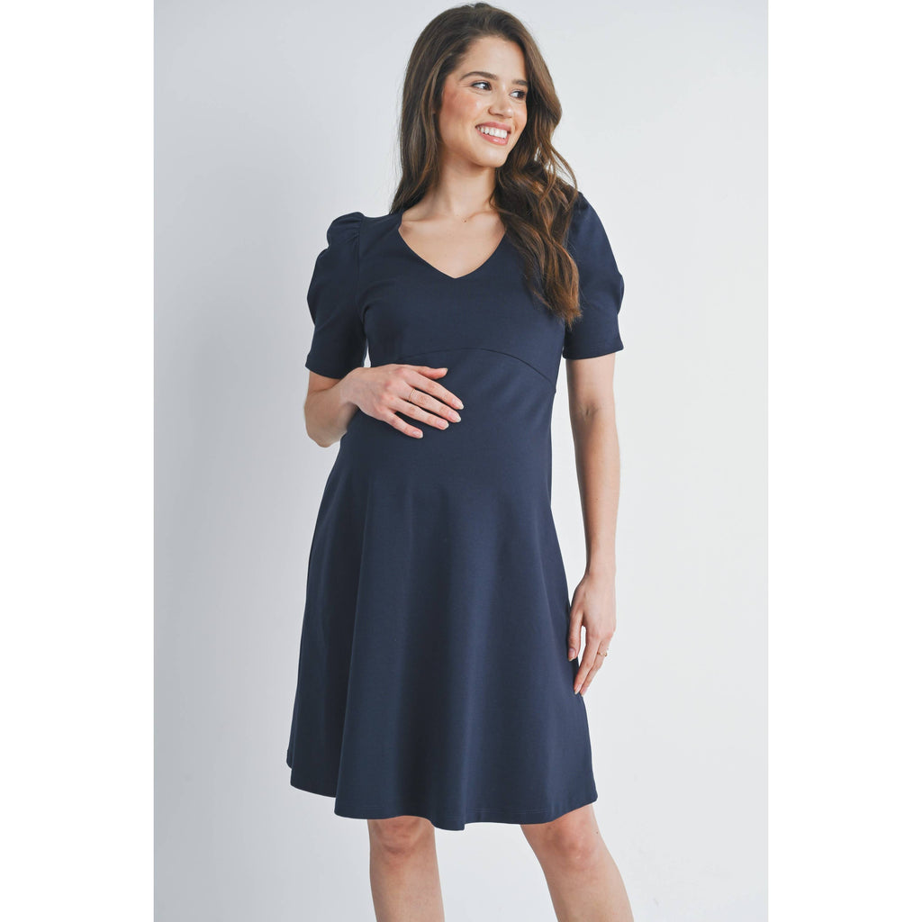 V-Neck Short Sleeve Navy Career Maternity Dress