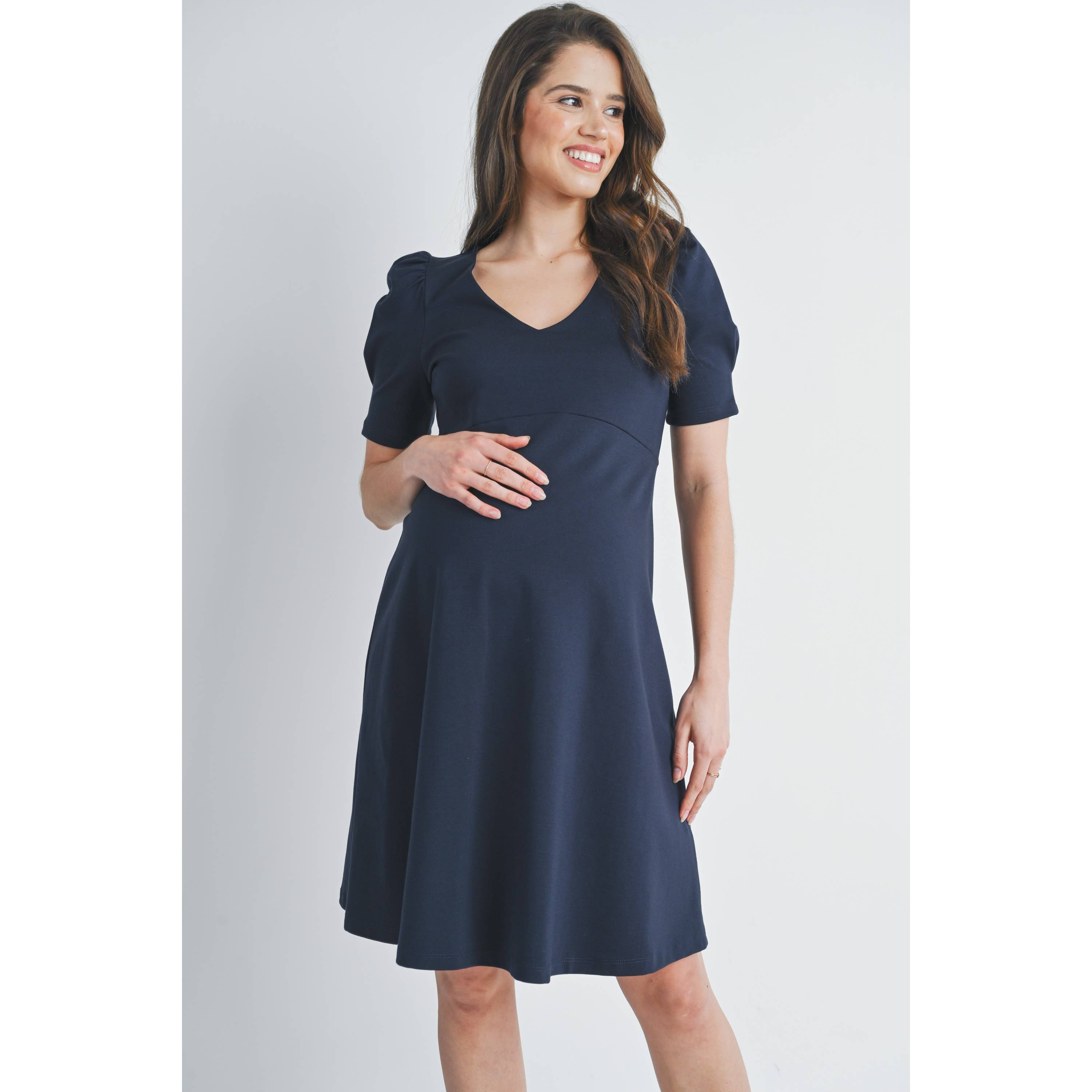 V-Neck Short Sleeve Navy Career Maternity Dress