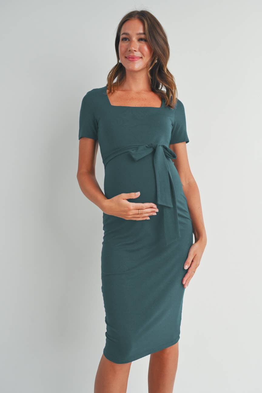 Square Neck Belted Maternity Midi Dress