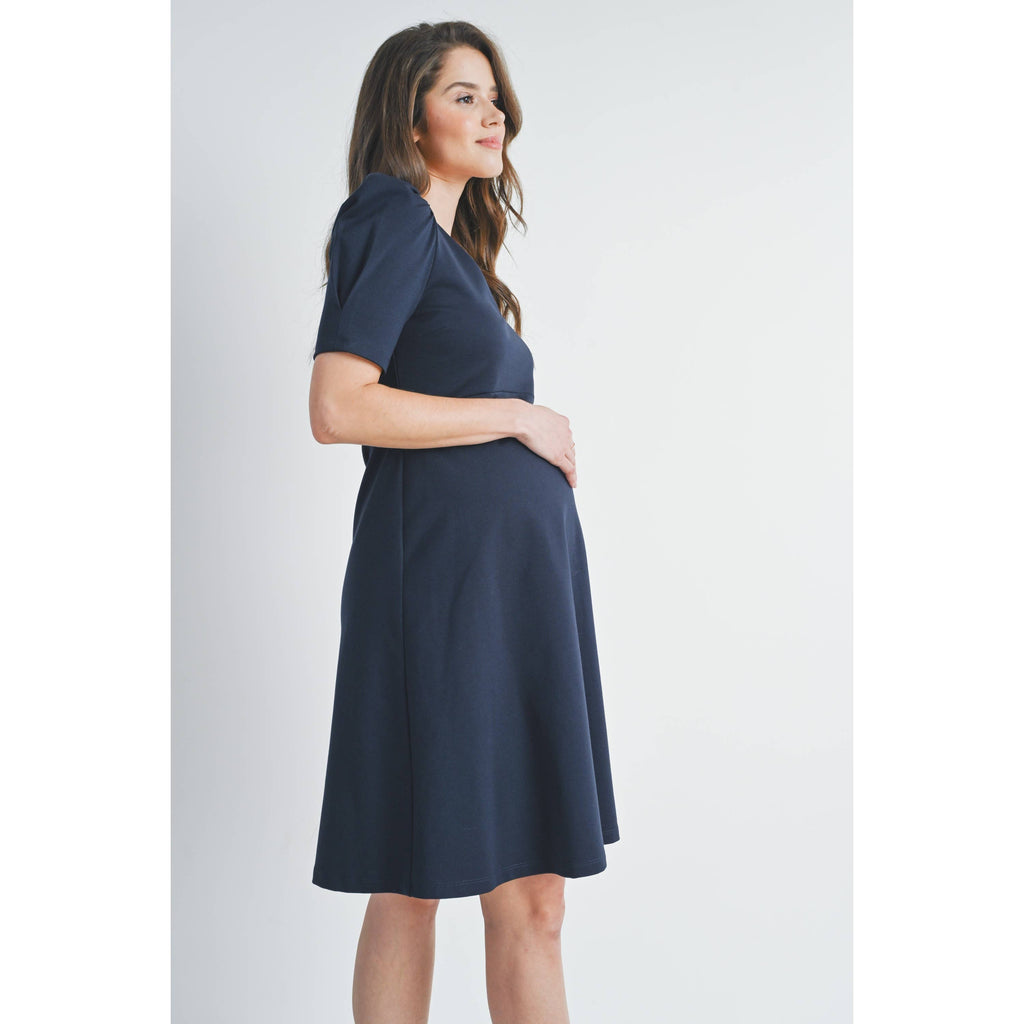 V-Neck Short Sleeve Navy Career Maternity Dress