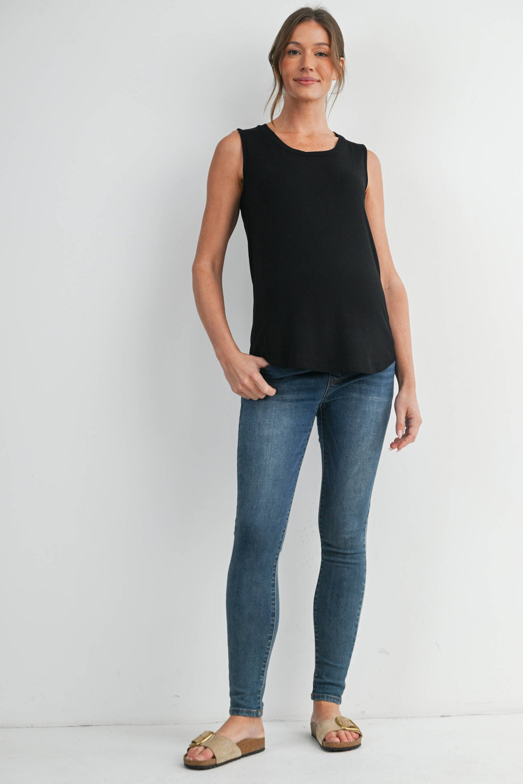 Double Layer Sleeveless Maternity Nursing Knit Tank Top in Black