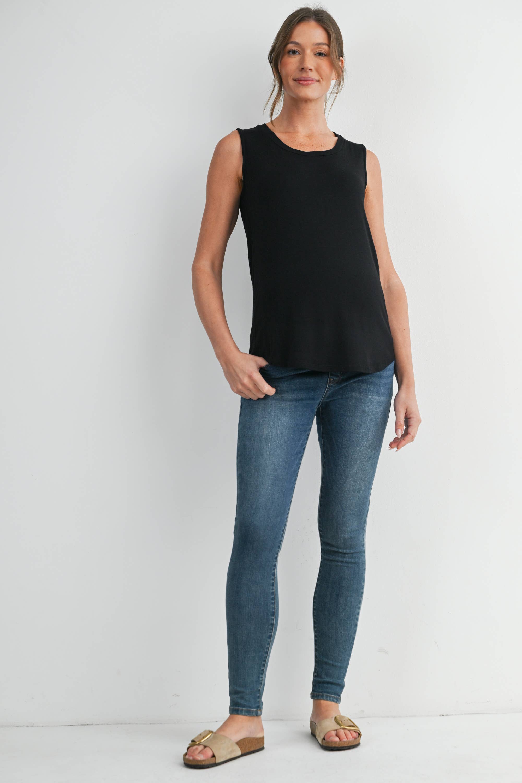 Double Layer Sleeveless Maternity Nursing Knit Tank Top in Black