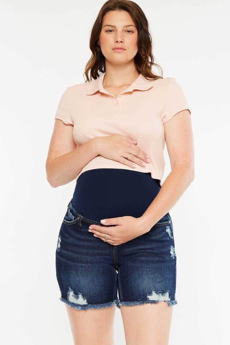 Distressed Maternity Dark Wash Denim Shorts