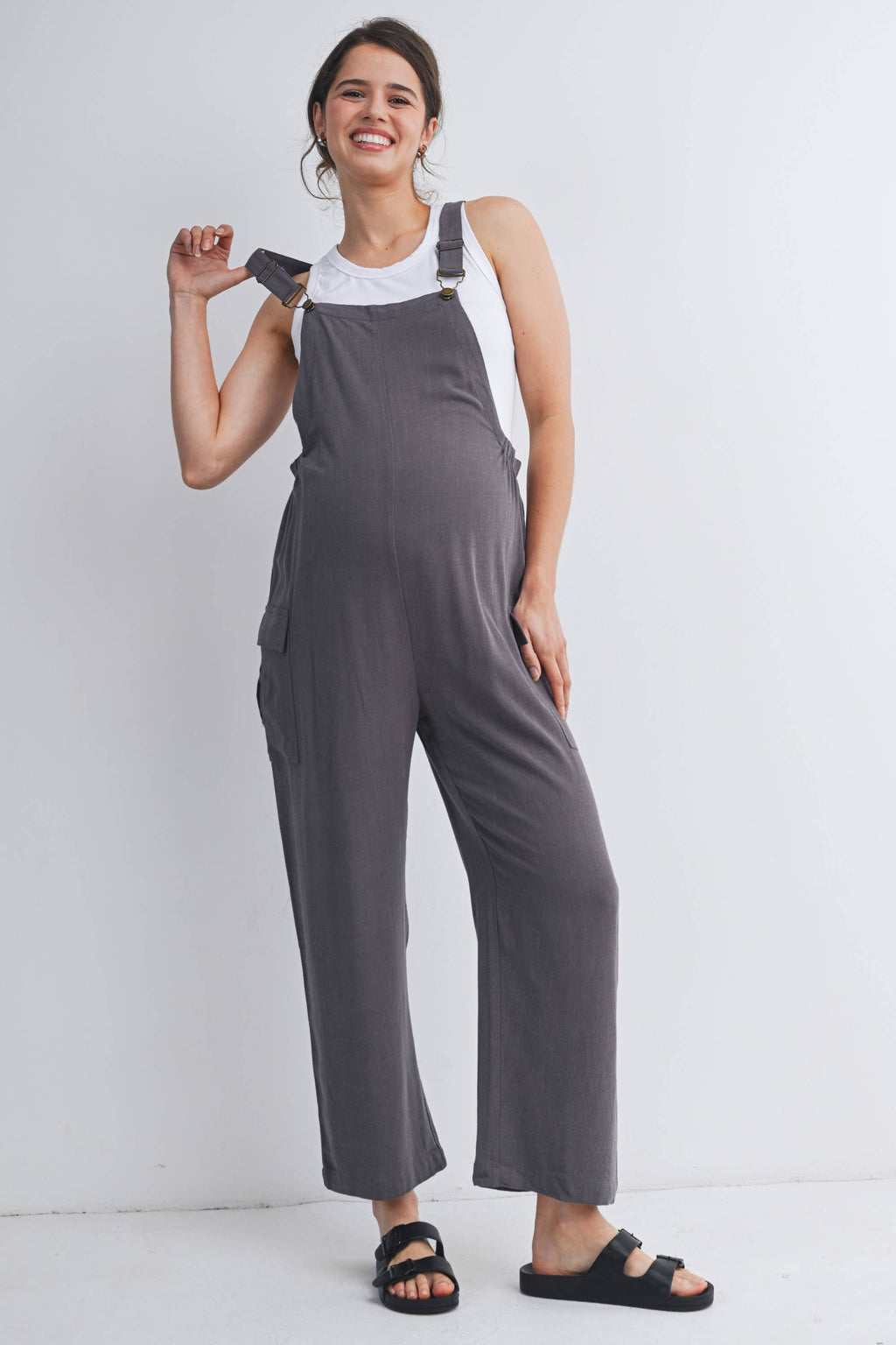 Straight Leg Maternity Adjustable Overalls in Gray