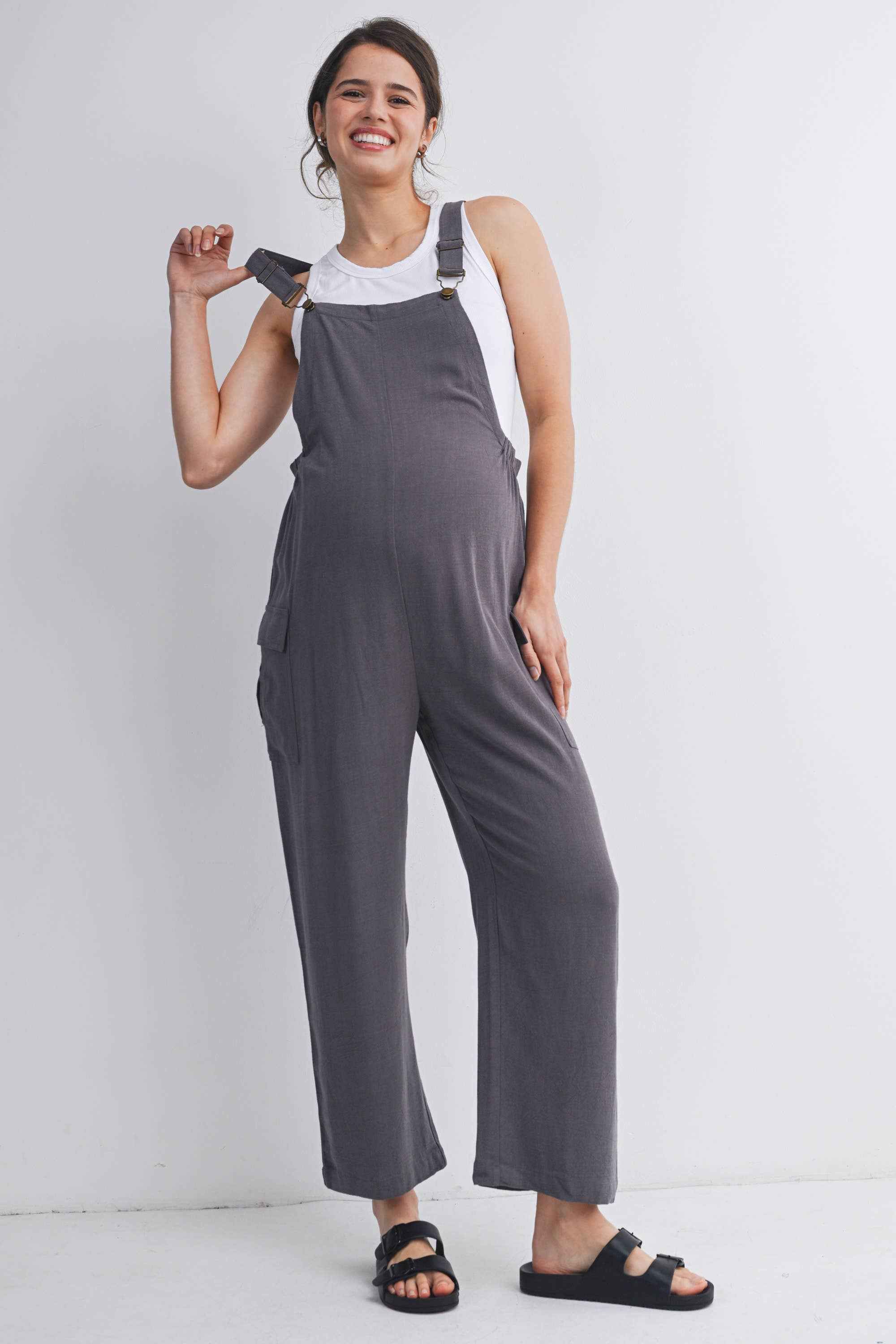Straight Leg Maternity Adjustable Overalls in Gray