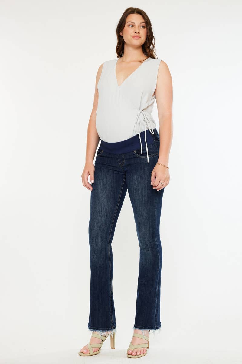 Kan Can Frayed Hem Dark Wash Maternity Bootcut Jean