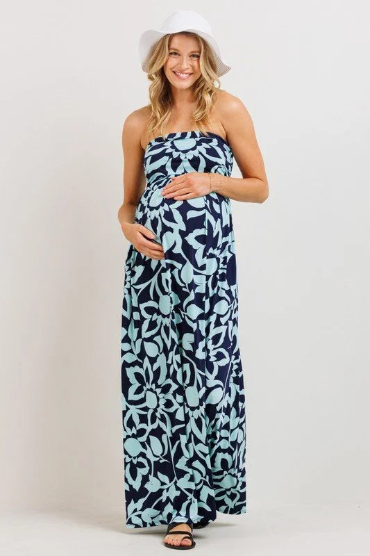 Navy/Teal Floral Bliss Strapless Maternity Maxi Dress