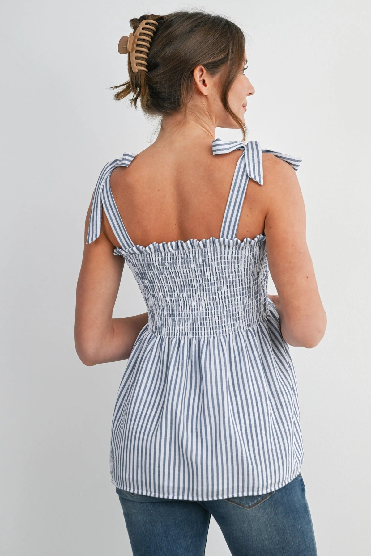 Striped Denim Blue and White Maternity Top with Adjustable Ties