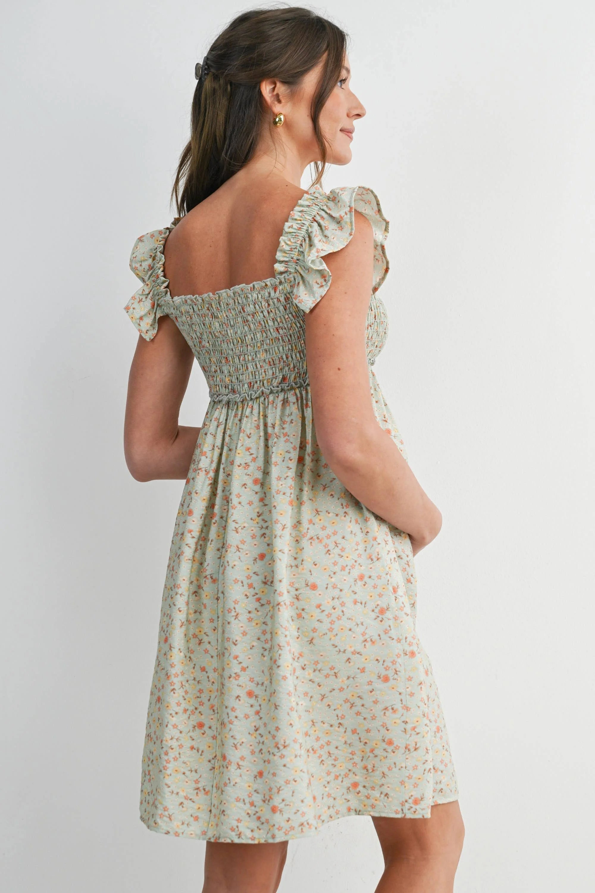 Sage Floral Ruffle Sleeve Maternity Dress