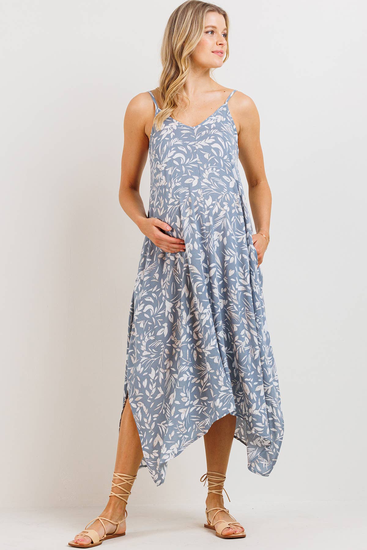 Light Blue Floral Asymmetric Maternity Midi Dress