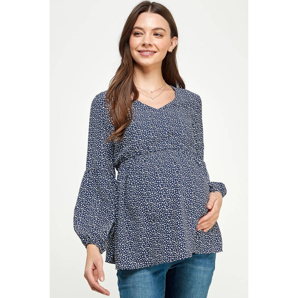 Navy V-Neck Long Sleeve Maternity Blouse