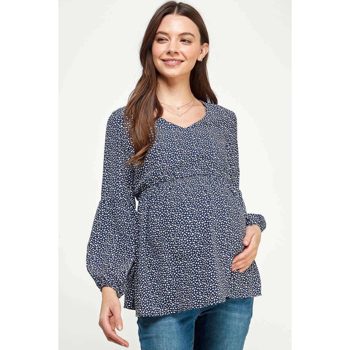 Navy V-Neck Long Sleeve Maternity Blouse