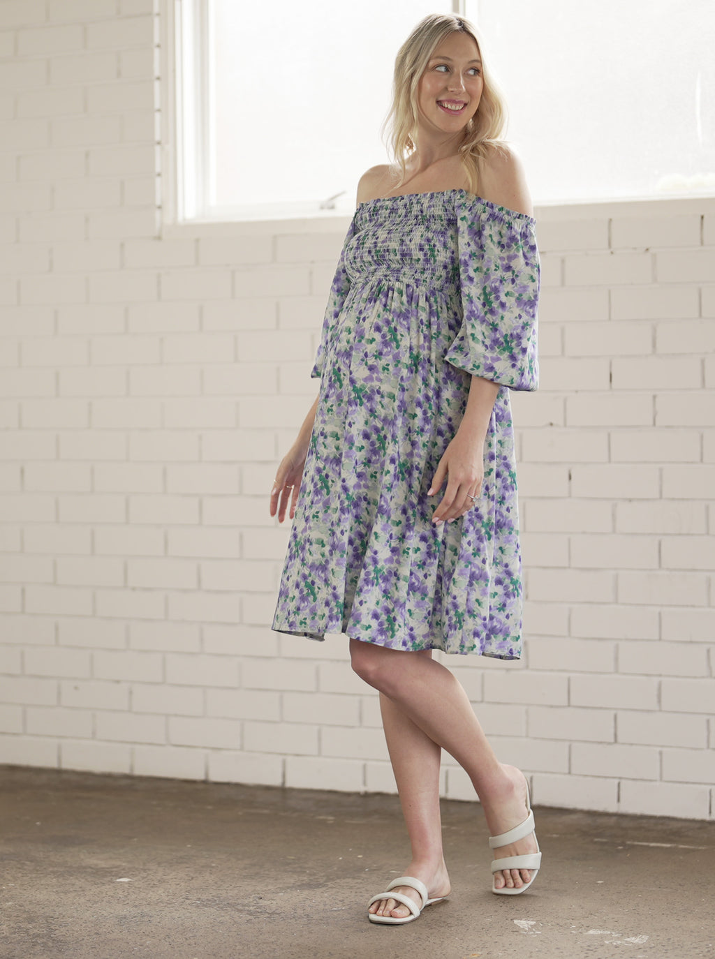 Avery Baby Shower Maternity Dress- Purple Floral Print